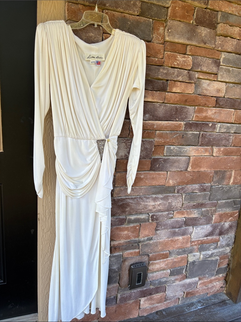 Lillie Rubin Ivory Long Sleeve Draped Evening Gown